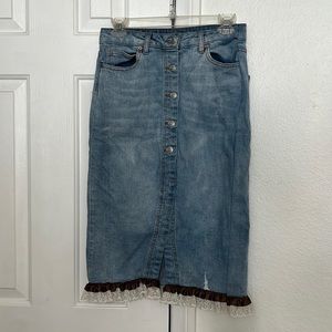 Denim Skirt with Brown Ribbon and Lace